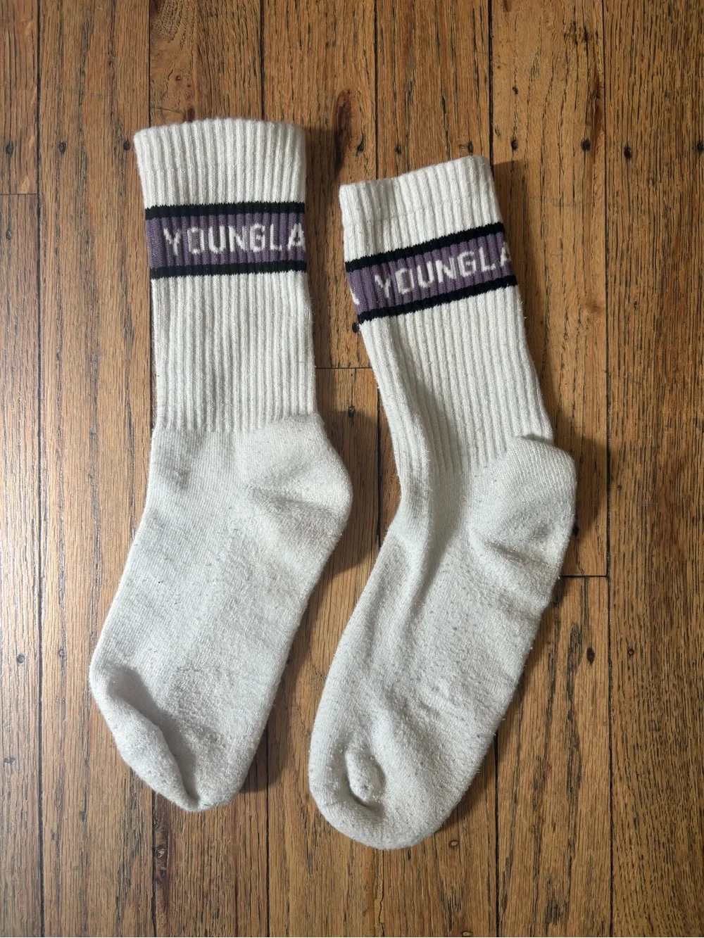 YoungLA White Crew Socks with Purple Stripe